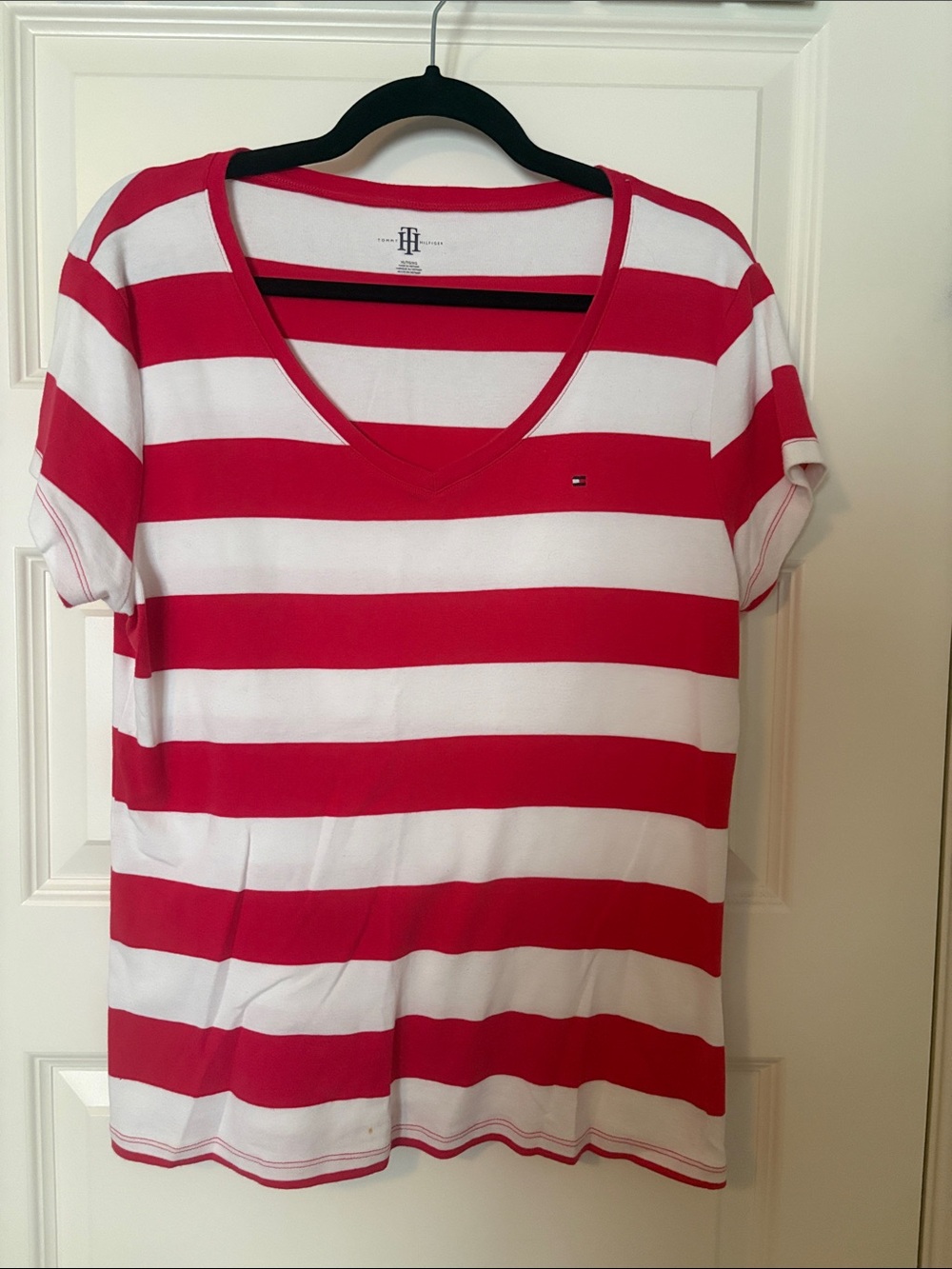 Tommy Hilfiger Bright Pink and White Striped V-Neck Tee